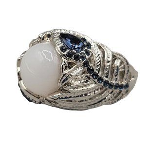 Moonstone Style Blue Rhinestone Cocktail Statement Ring Silver Tone Setting Size